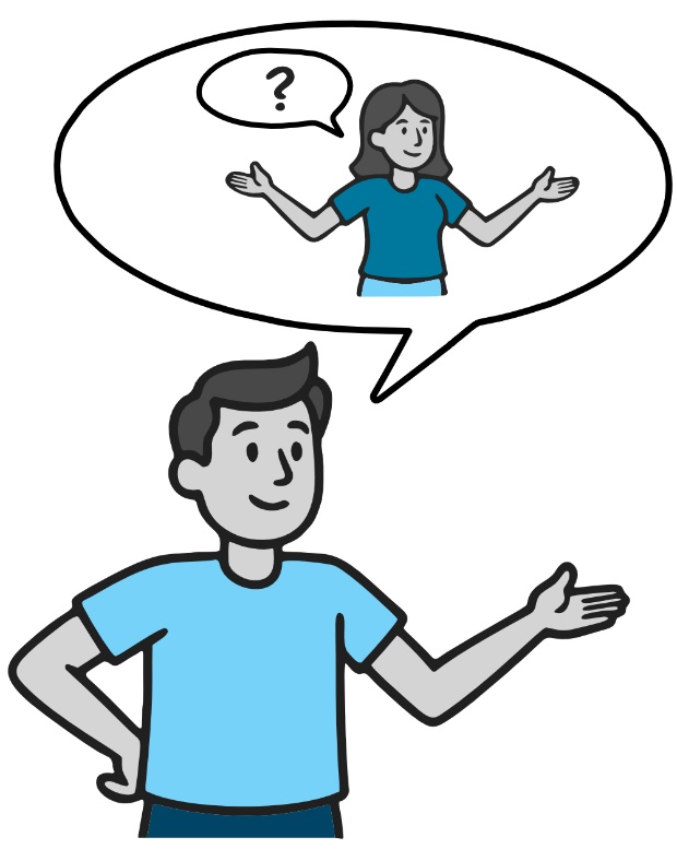 Grafik einer Person mit einer Sprechblase über dem Kopf. In der Sprechblase ist eine andere Person zu sehen, die eine Frage stellt.