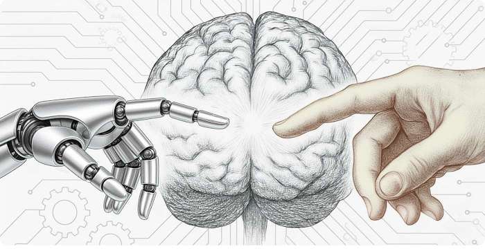 TRUMAN-Projekt AI und Mensch nähern sich an, Quelle: TRUMAN-Projekt, AI-generiert Bild: Die Zeigefinger einer menschlichen Hand und eines Robotors nähern sich einer Berührung an in Anlehnung an "Die Erschaffung Adams" von Michelangelo. Bildquelle: TRUMAN-Projekt