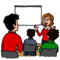 Grafik einer Person, die vormehreren Zuhörenden spricht. Im Hintergrund ist eine Leinwand zu sehen.