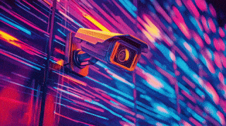 Bild einer Überwachungskamera vor neonfarbenem Hintergrund