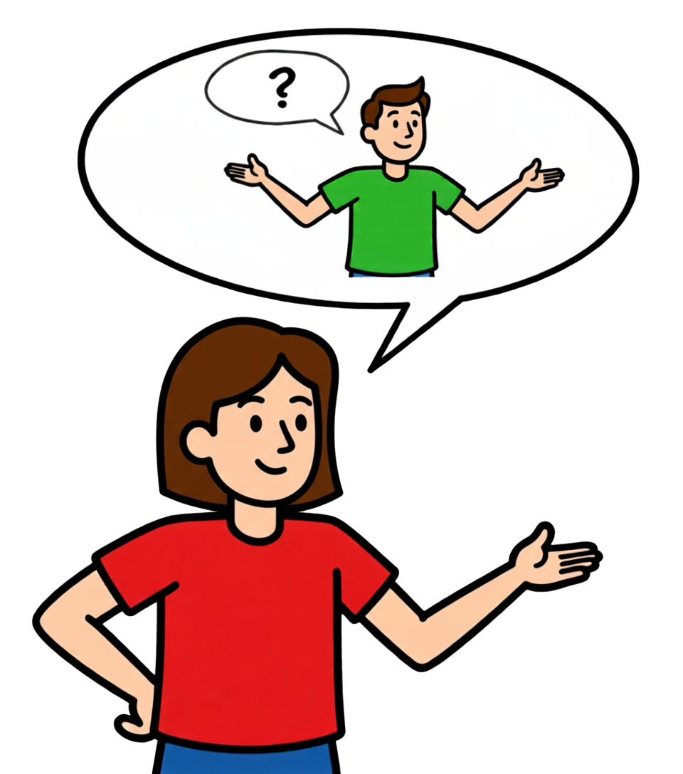 Grafik einer Person, die in einer Sprechblase die Frage einer anderen Person formuliert