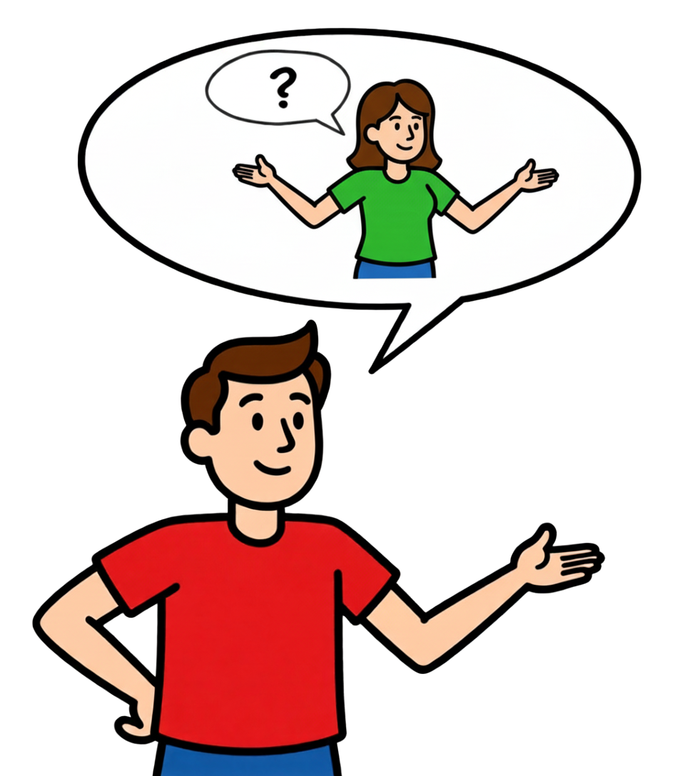 Grafik einer Person, die in einer Sprechblase die Frage einer anderen Person formuliert